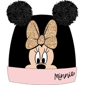 Minnie Mouse – Dívčí zimní čepice se zlatou mašlí a 2 bambulkami (černá) velikost 54