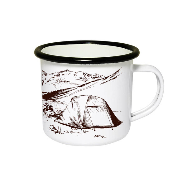 Smaltovaný hrnček stanovanie v horách - 324518059_901175560907654_595916729875661409_n