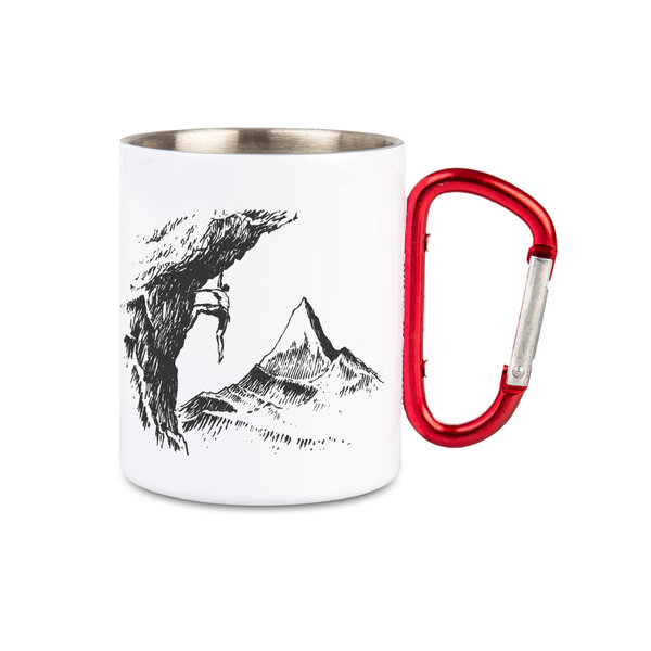 Oceľový hrnček s karabínou horolezec na skale - hrncek-s-karabinou-horolezec