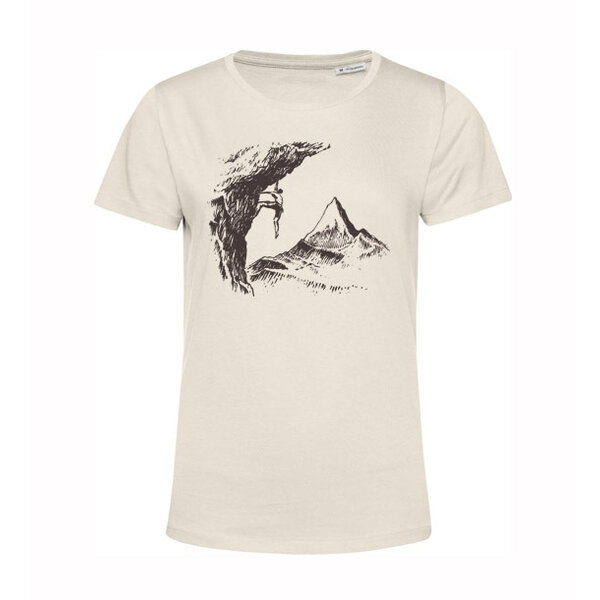 Dámske bio tričko horolezec na skale - hory-ma-volaju